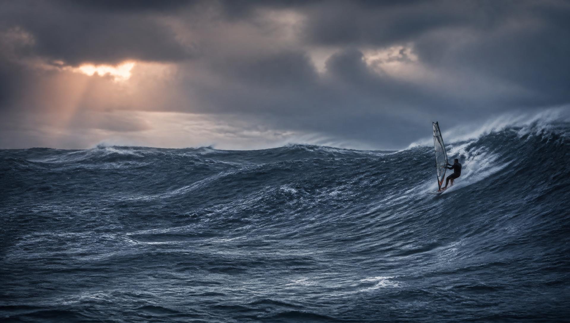Windsurfer riding a powerful North Sea swell