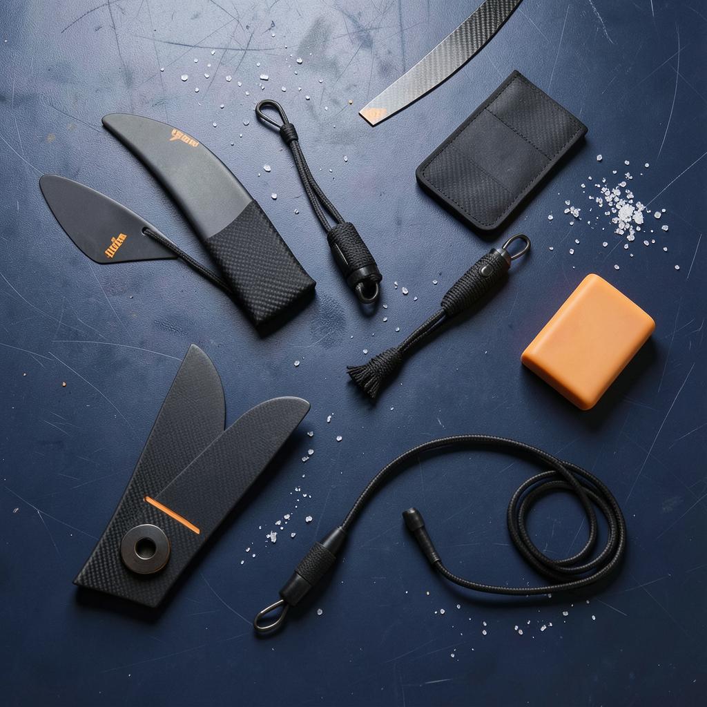 Surf fins and accessories on a workbench